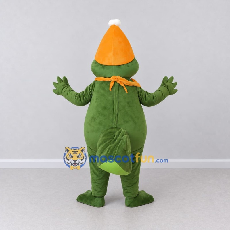 Custom Green and Orange Dragon Character with a Party Hat Mascot Costume Adult Full Body Suit for Theme Parties Custom Green and Orange Dragon Character with a Party Hat Mascot Costume Adult Full Body Suit for Theme Parties