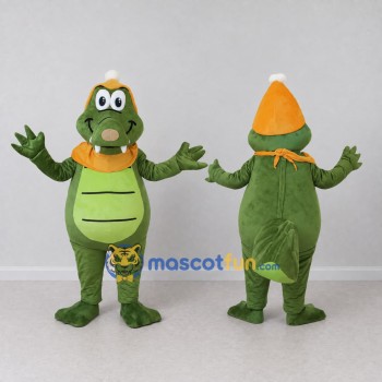 Custom Green and Orange Dragon Character with a Party Hat Mascot Costume Adult Full Body Suit for Theme Parties