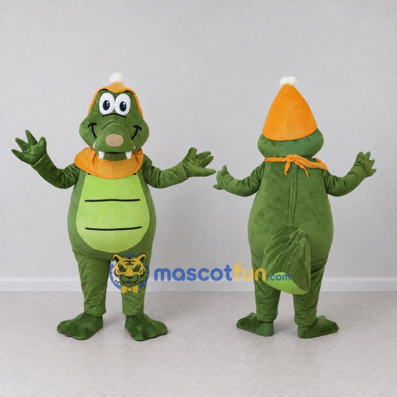 Custom Green and Orange Dragon Character with a Party Hat Mascot Costume Adult Full Body Suit for Theme Parties Custom Green and Orange Dragon Character with a Party Hat Mascot Costume Adult Full Body Suit for Theme Parties