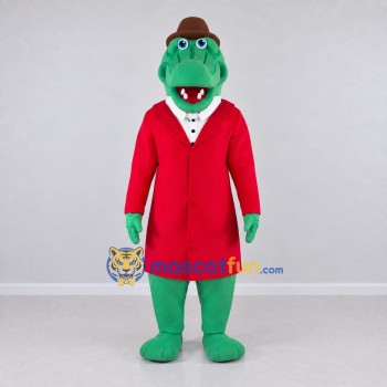 Custom Green and Red Crocodile in a Coat and Hat Mascot Costume Adult Full Body Suit for Theme Parties Custom Green and Red Crocodile in a Coat and Hat Mascot Costume Adult Full Body Suit for Theme Parties