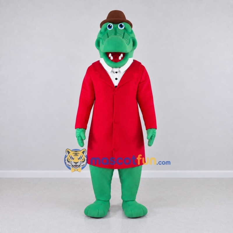 Custom Green and Red Crocodile in a Coat and Hat Mascot Costume Adult Full Body Suit for Theme Parties Custom Green and Red Crocodile in a Coat and Hat Mascot Costume Adult Full Body Suit for Theme Parties