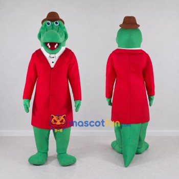 Custom Green and Red Crocodile in a Coat and Hat Mascot Costume Adult Full Body Suit for Theme Parties