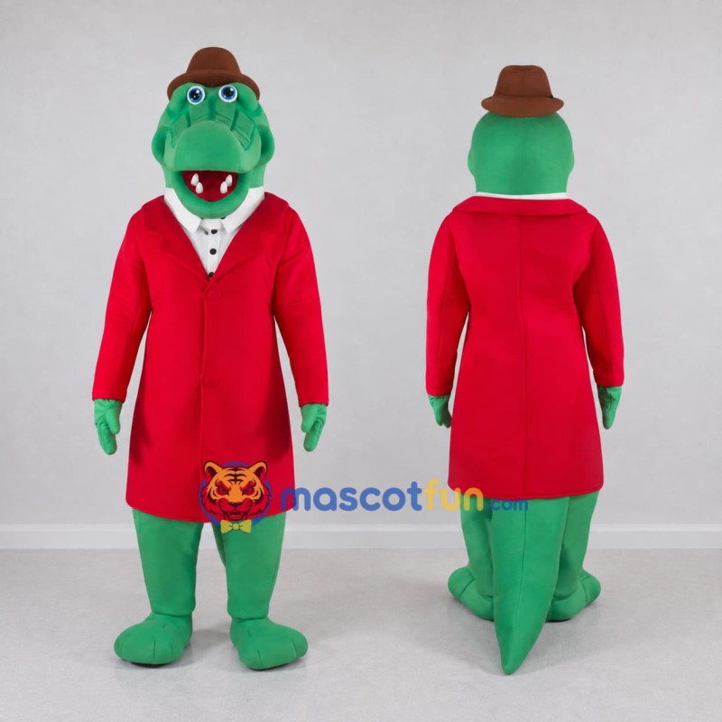 Custom Green and Red Crocodile in a Coat and Hat Mascot Costume Adult Full Body Suit for Theme Parties Custom Green and Red Crocodile in a Coat and Hat Mascot Costume Adult Full Body Suit for Theme Parties
