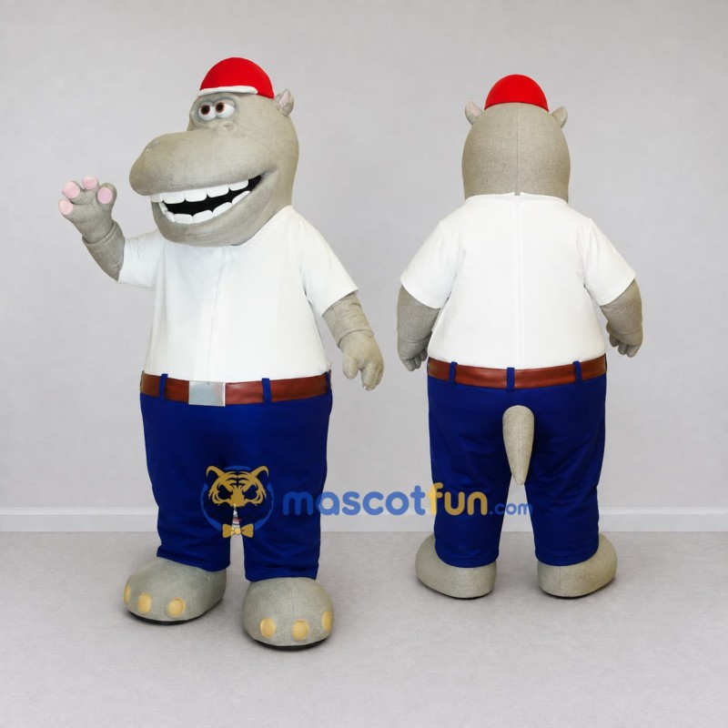 Custom Gray and Blue Hippo in Casual Clothes Mascot Costume Adult Full Body Suit for School Events Custom Gray and Blue Hippo in Casual Clothes Mascot Costume Adult Full Body Suit for School Events