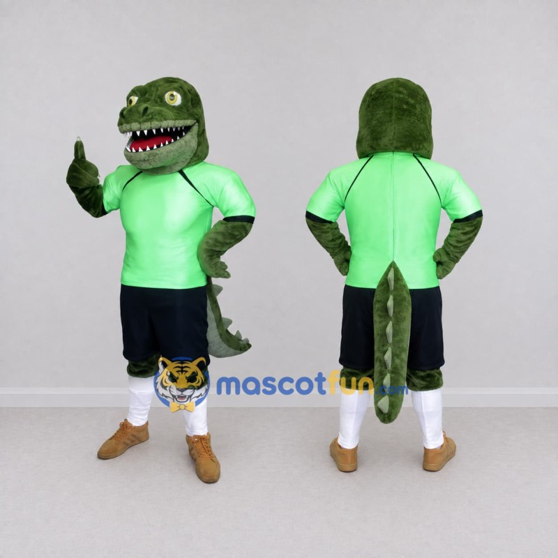 Custom Green and Black Crocodile in Sportswear Mascot Costume Adult Full Body Suit for Sports Events Custom Green and Black Crocodile in Sportswear Mascot Costume Adult Full Body Suit for Sports Events