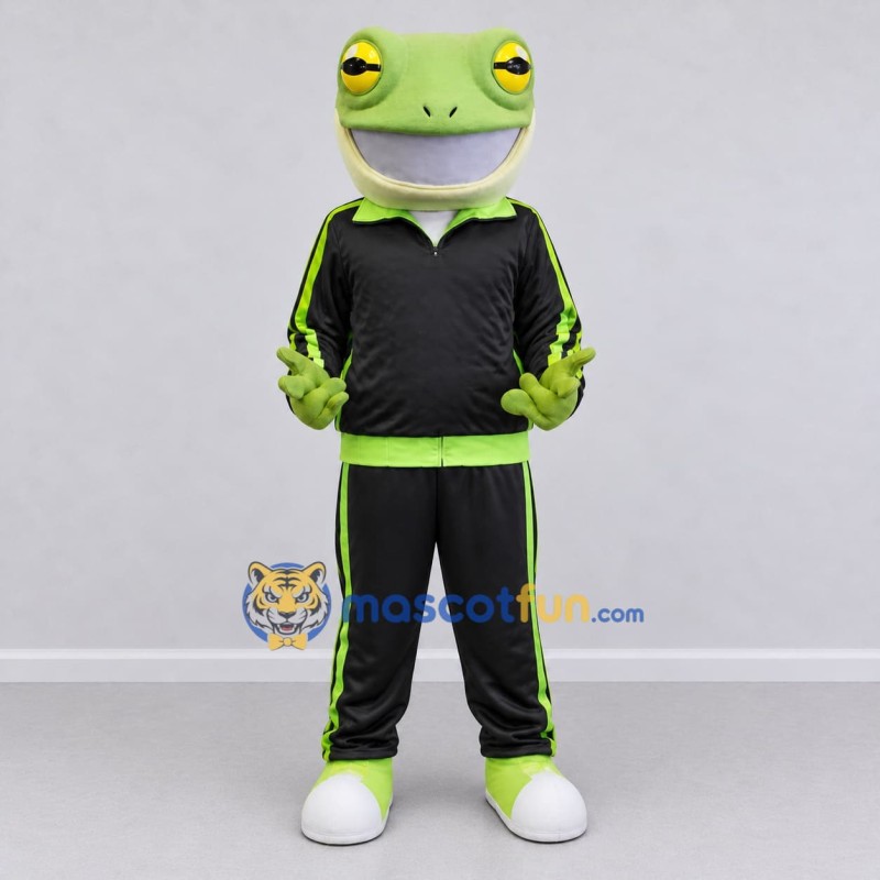 Custom Light Green and Black Gecko Character in a Tracksuit Mascot Costume Adult Full Body Suit for Sports Events Custom Light Green and Black Gecko Character in a Tracksuit Mascot Costume Adult Full Body Suit for Sports Events