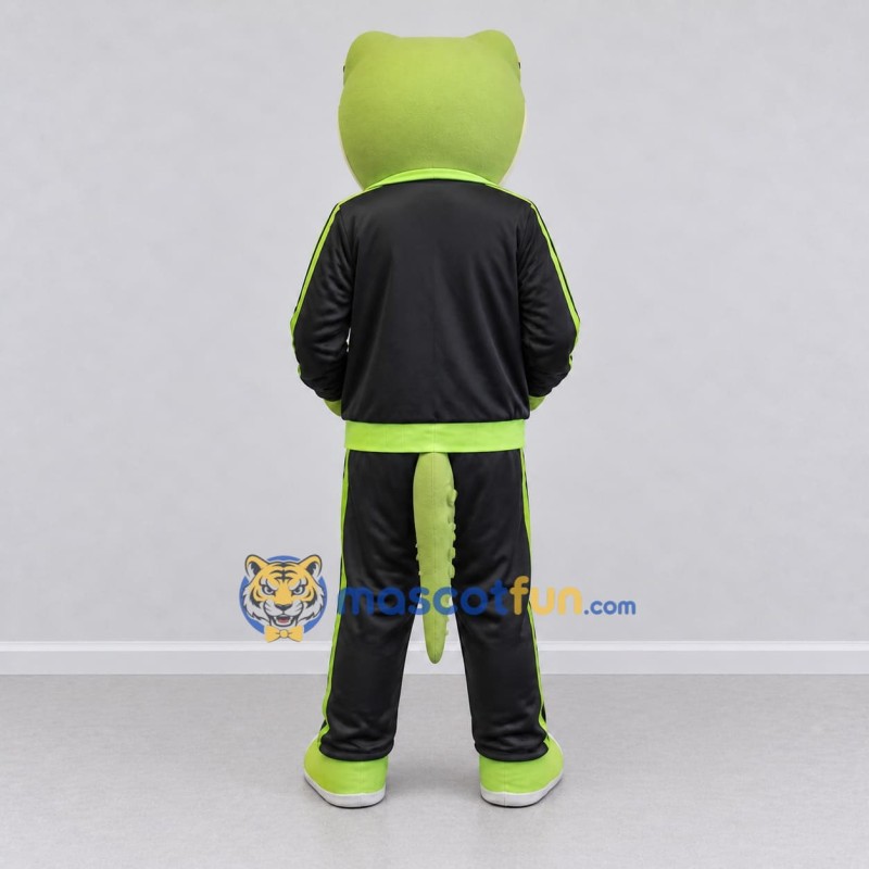 Custom Light Green and Black Gecko Character in a Tracksuit Mascot Costume Adult Full Body Suit for Sports Events Custom Light Green and Black Gecko Character in a Tracksuit Mascot Costume Adult Full Body Suit for Sports Events