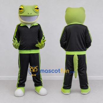 Custom Light Green and Black Gecko Character in a Tracksuit Mascot Costume Adult Full Body Suit for Sports Events