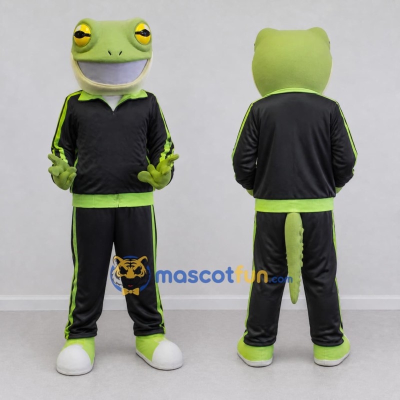 Custom Light Green and Black Gecko Character in a Tracksuit Mascot Costume Adult Full Body Suit for Sports Events Custom Light Green and Black Gecko Character in a Tracksuit Mascot Costume Adult Full Body Suit for Sports Events