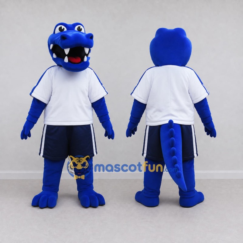 Custom Blue and White Crocodile Character in Sportswear Mascot Costume Adult Full Body Suit for Sports Events Custom Blue and White Crocodile Character in Sportswear Mascot Costume Adult Full Body Suit for Sports Events