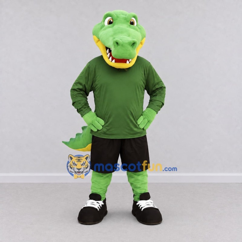 Custom Green and Black Crocodile in Sportswear Mascot Costume Adult Full Body Suit for Sports Events Custom Green and Black Crocodile in Sportswear Mascot Costume Adult Full Body Suit for Sports Events