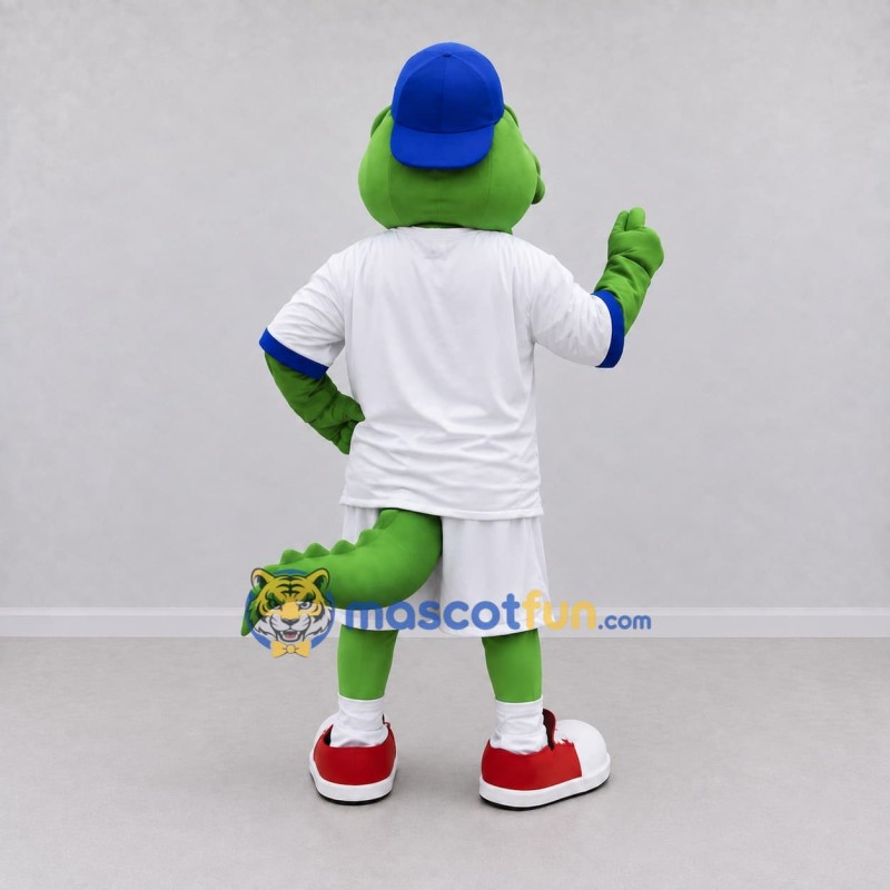 Custom Green and White Crocodile in Sportswear and a Cap Mascot Costume Adult Full Body Suit for Sports Events Custom Green and White Crocodile in Sportswear and a Cap Mascot Costume Adult Full Body Suit for Sports Events