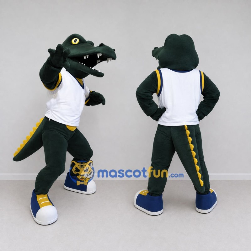 Custom Dark Green and White Crocodile in Sportswear Mascot Costume Adult Full Body Suit for Sports Events Custom Dark Green and White Crocodile in Sportswear Mascot Costume Adult Full Body Suit for Sports Events