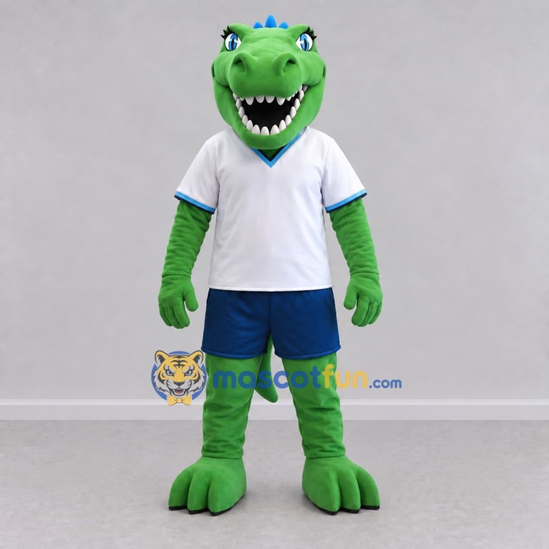 Custom Green and White Dinosaur Character in Sportswear Mascot Costume Adult Full Body Suit for Sports Events Custom Green and White Dinosaur Character in Sportswear Mascot Costume Adult Full Body Suit for Sports Events