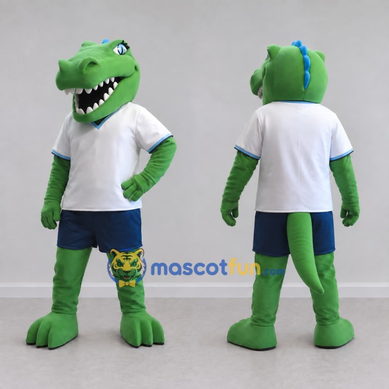 Custom Green and White Dinosaur Character in Sportswear Mascot Costume Adult Full Body Suit for Sports Events Custom Green and White Dinosaur Character in Sportswear Mascot Costume Adult Full Body Suit for Sports Events