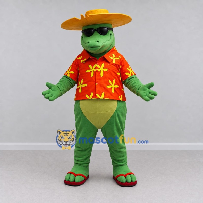 Custom Green and Red Crocodile in a Tropical Shirt Mascot Costume Adult Full Body Suit for Summer Events Custom Green and Red Crocodile in a Tropical Shirt Mascot Costume Adult Full Body Suit for Summer Events
