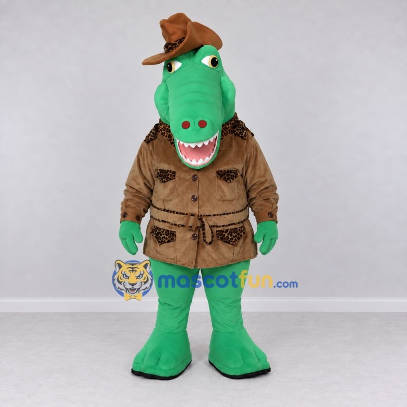 Custom Green and Brown Crocodile in an Explorer Outfit Mascot Costume Adult Full Body Suit for Theme Parties Custom Green and Brown Crocodile in an Explorer Outfit Mascot Costume Adult Full Body Suit for Theme Parties