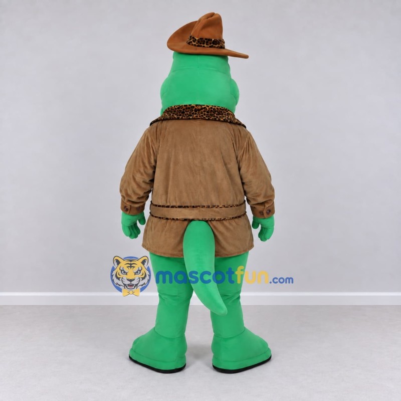 Custom Green and Brown Crocodile in an Explorer Outfit Mascot Costume Adult Full Body Suit for Theme Parties Custom Green and Brown Crocodile in an Explorer Outfit Mascot Costume Adult Full Body Suit for Theme Parties