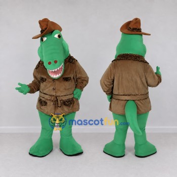 Custom Green and Brown Crocodile in an Explorer Outfit Mascot Costume Adult Full Body Suit for Theme Parties