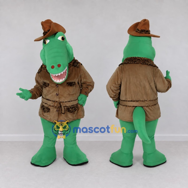 Custom Green and Brown Crocodile in an Explorer Outfit Mascot Costume Adult Full Body Suit for Theme Parties Custom Green and Brown Crocodile in an Explorer Outfit Mascot Costume Adult Full Body Suit for Theme Parties