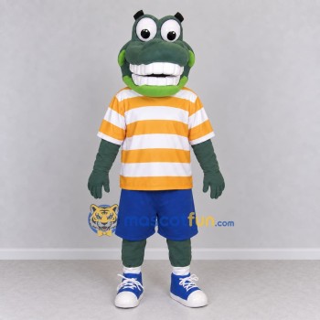 Custom Green and Yellow Dinosaur Character in a Striped Shirt Mascot Costume Adult Full Body Suit for School Events Custom Green and Yellow Dinosaur Character in a Striped Shirt Mascot Costume Adult Full Body Suit for School Events