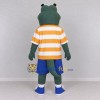 Custom Green and Yellow Dinosaur Character in a Striped Shirt Mascot Costume Adult Full Body Suit for School Events Custom Green and Yellow Dinosaur Character in a Striped Shirt Mascot Costume Adult Full Body Suit for School Events