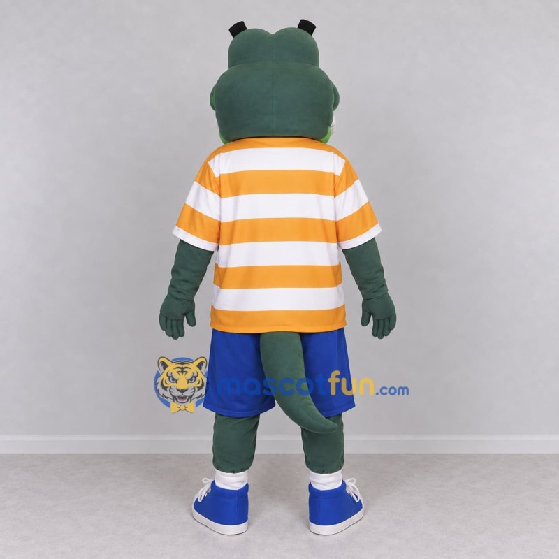Custom Green and Yellow Dinosaur Character in a Striped Shirt Mascot Costume Adult Full Body Suit for School Events Custom Green and Yellow Dinosaur Character in a Striped Shirt Mascot Costume Adult Full Body Suit for School Events