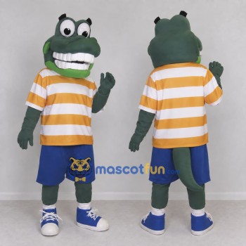 Custom Green and Yellow Dinosaur Character in a Striped Shirt Mascot Costume Adult Full Body Suit for School Events