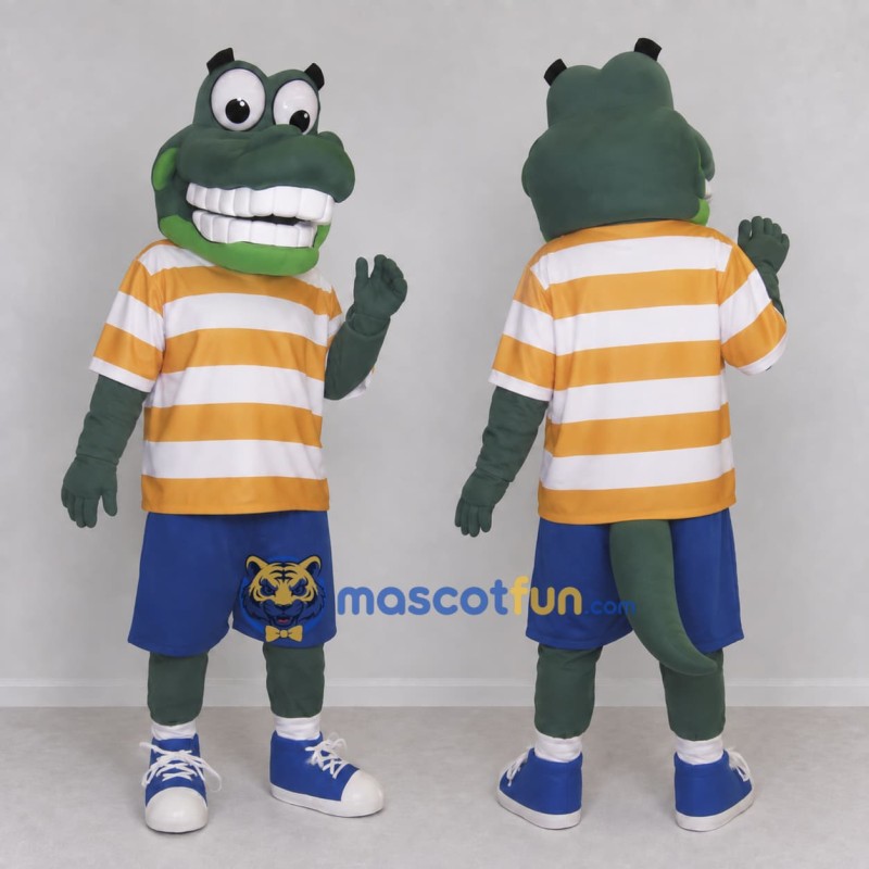 Custom Green and Yellow Dinosaur Character in a Striped Shirt Mascot Costume Adult Full Body Suit for School Events Custom Green and Yellow Dinosaur Character in a Striped Shirt Mascot Costume Adult Full Body Suit for School Events