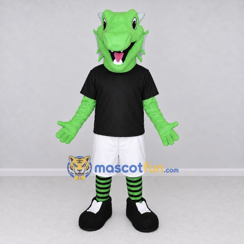 Custom Green and Black Dragon Character in Sportswear Mascot Costume Adult Full Body Suit for Sports Events Custom Green and Black Dragon Character in Sportswear Mascot Costume Adult Full Body Suit for Sports Events