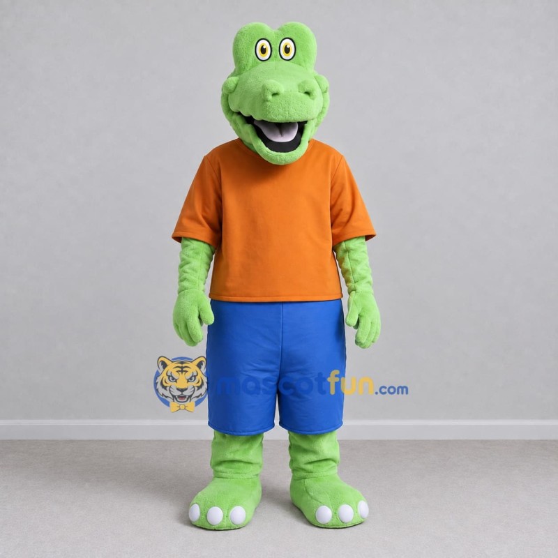 Custom Green and Orange Crocodile Character in Casual Clothes Mascot Costume Adult Full Body Suit for School Events Custom Green and Orange Crocodile Character in Casual Clothes Mascot Costume Adult Full Body Suit for School Events