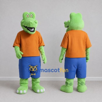 Custom Green and Orange Crocodile Character in Casual Clothes Mascot Costume Adult Full Body Suit for School Events