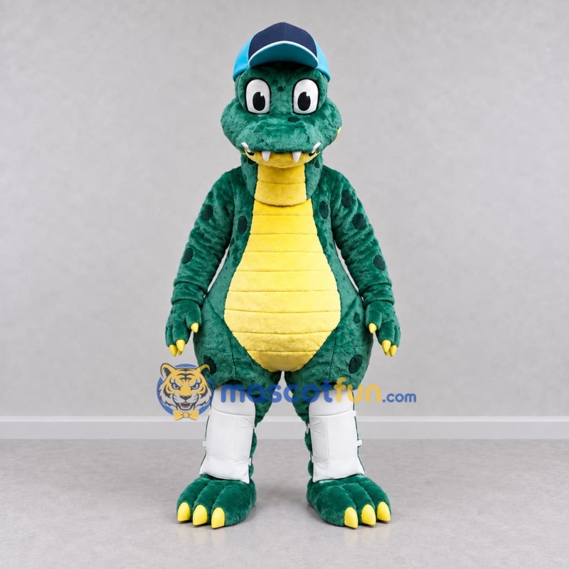 Custom Teal and Yellow Dinosaur Character with a Cap Mascot Costume Adult Full Body Suit for School Events Custom Teal and Yellow Dinosaur Character with a Cap Mascot Costume Adult Full Body Suit for School Events