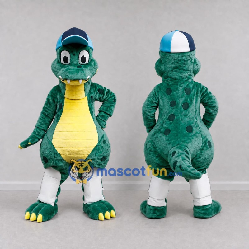 Custom Teal and Yellow Dinosaur Character with a Cap Mascot Costume Adult Full Body Suit for School Events Custom Teal and Yellow Dinosaur Character with a Cap Mascot Costume Adult Full Body Suit for School Events