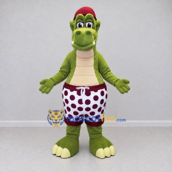 Custom Olive Green and Burgundy Crocodile in Shorts and a Cap Mascot Costume Adult Full Body Suit for Summer Events Custom Olive Green and Burgundy Crocodile in Shorts and a Cap Mascot Costume Adult Full Body Suit for Summer Events