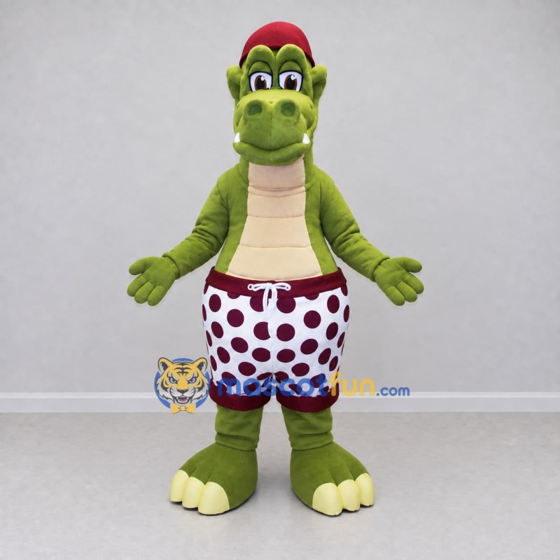 Custom Olive Green and Burgundy Crocodile in Shorts and a Cap Mascot Costume Adult Full Body Suit for Summer Events Custom Olive Green and Burgundy Crocodile in Shorts and a Cap Mascot Costume Adult Full Body Suit for Summer Events