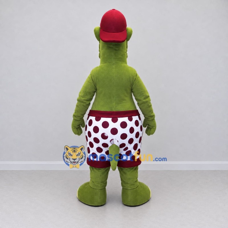 Custom Olive Green and Burgundy Crocodile in Shorts and a Cap Mascot Costume Adult Full Body Suit for Summer Events Custom Olive Green and Burgundy Crocodile in Shorts and a Cap Mascot Costume Adult Full Body Suit for Summer Events