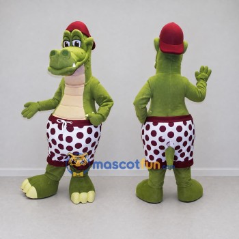 Custom Olive Green and Burgundy Crocodile in Shorts and a Cap Mascot Costume Adult Full Body Suit for Summer Events