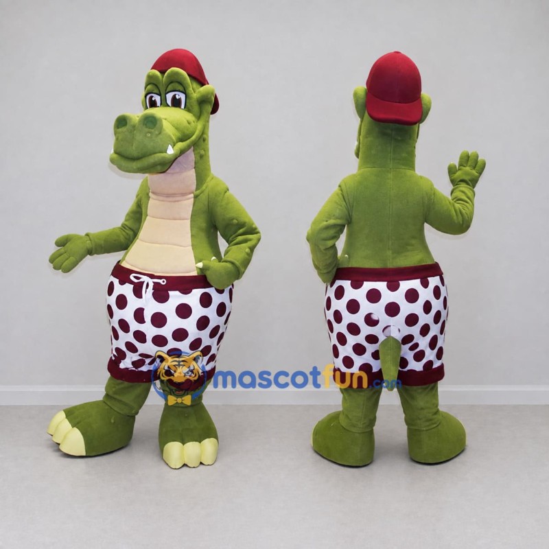 Custom Olive Green and Burgundy Crocodile in Shorts and a Cap Mascot Costume Adult Full Body Suit for Summer Events Custom Olive Green and Burgundy Crocodile in Shorts and a Cap Mascot Costume Adult Full Body Suit for Summer Events