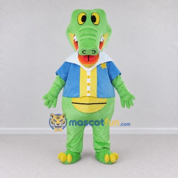 Custom Light Green and Blue Crocodile in a Jacket Mascot Costume Adult Full Body Suit for School Events Custom Light Green and Blue Crocodile in a Jacket Mascot Costume Adult Full Body Suit for School Events