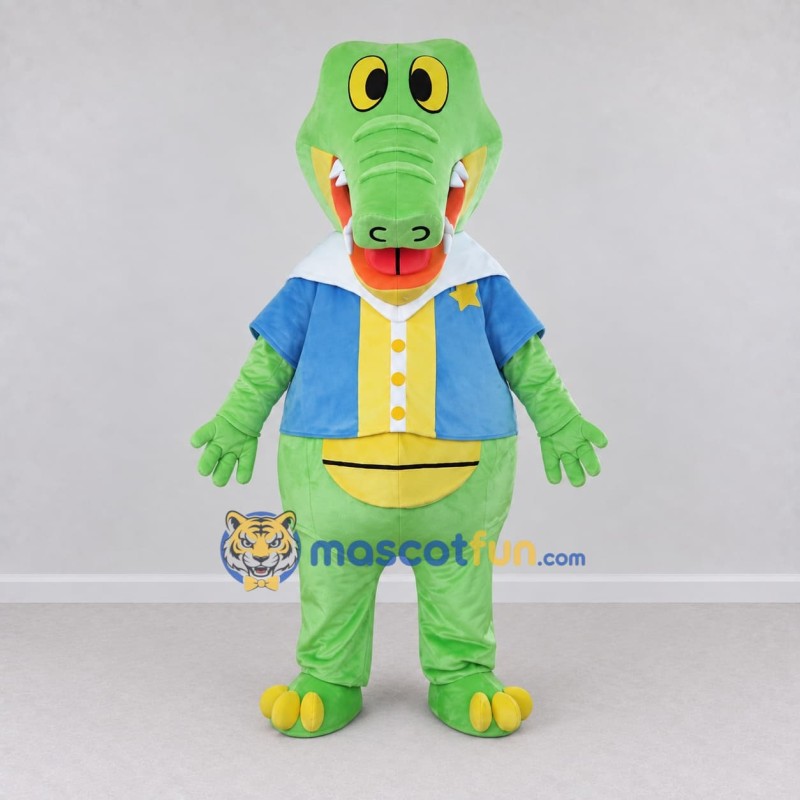 Custom Light Green and Blue Crocodile in a Jacket Mascot Costume Adult Full Body Suit for School Events Custom Light Green and Blue Crocodile in a Jacket Mascot Costume Adult Full Body Suit for School Events