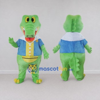 Custom Light Green and Blue Crocodile in a Jacket Mascot Costume Adult Full Body Suit for School Events