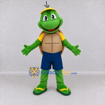 Custom Green and Blue Turtle in Shorts and a Cap Mascot Costume Adult Full Body Suit for School Events Custom Green and Blue Turtle in Shorts and a Cap Mascot Costume Adult Full Body Suit for School Events