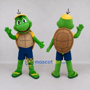Custom Green and Blue Turtle in Shorts and a Cap Mascot Costume Adult Full Body Suit for School Events