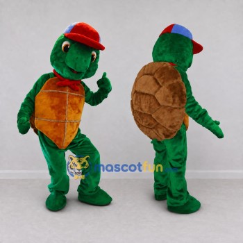 Custom Green and Brown Turtle with a Cap Mascot Costume Adult Full Body Suit for School Events