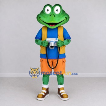 Custom Green and Orange Frog Explorer Character Mascot Costume Adult Full Body Suit for Outdoor Events