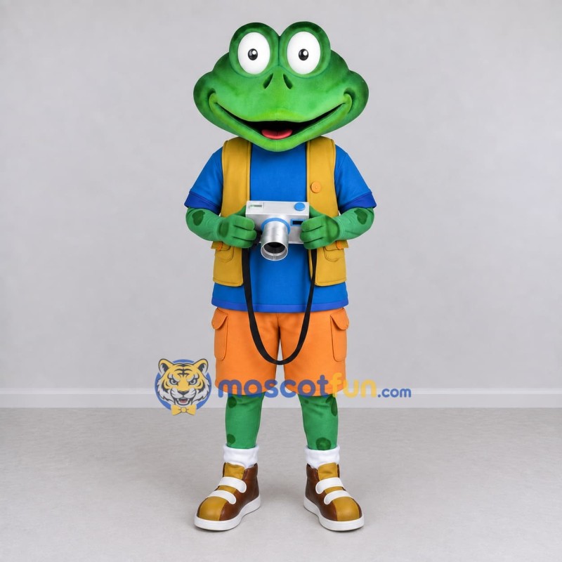Custom Green and Orange Frog Explorer Character Mascot Costume Adult Full Body Suit for Outdoor Events Custom Green and Orange Frog Explorer Character Mascot Costume Adult Full Body Suit for Outdoor Events