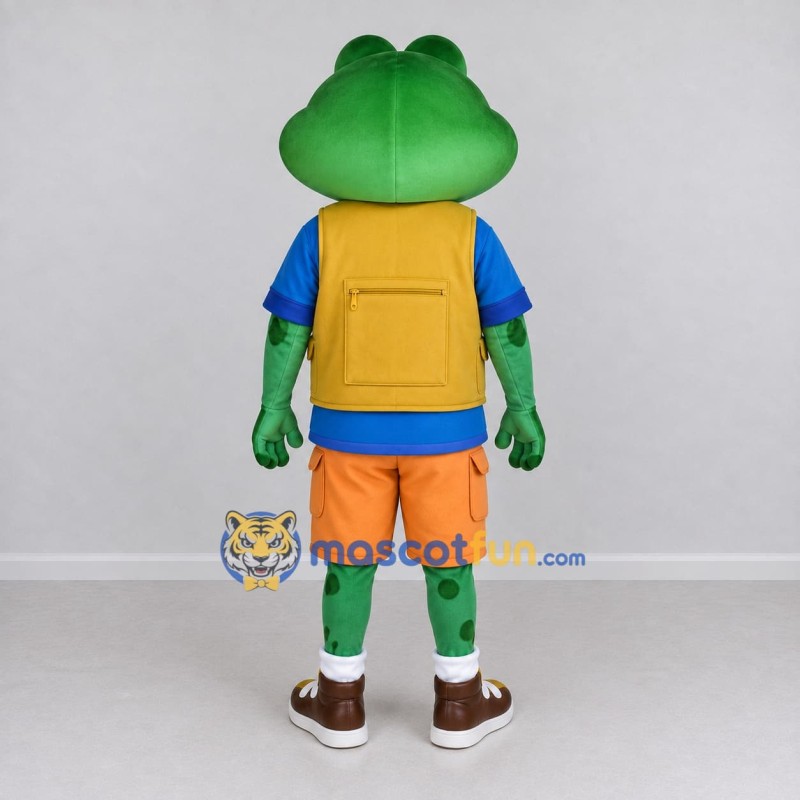 Custom Green and Orange Frog Explorer Character Mascot Costume Adult Full Body Suit for Outdoor Events Custom Green and Orange Frog Explorer Character Mascot Costume Adult Full Body Suit for Outdoor Events