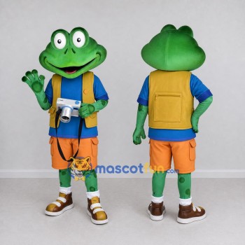 Custom Green and Orange Frog Explorer Character Mascot Costume Adult Full Body Suit for Outdoor Events