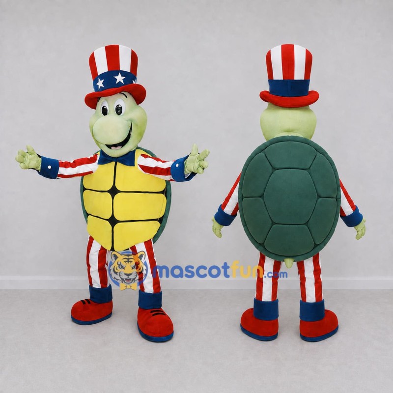 Custom Green and Red Turtle in a Stars and Stripes Outfit Mascot Costume Adult Full Body Suit for Community Events Custom Green and Red Turtle in a Stars and Stripes Outfit Mascot Costume Adult Full Body Suit for Community Events